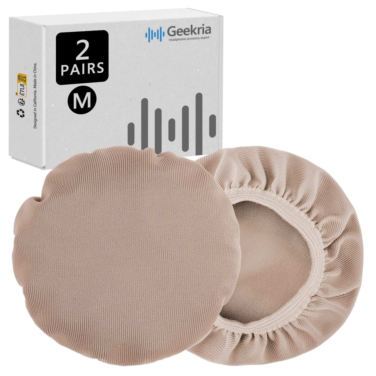 Geekria 2 Pairs Flex Fabric Headphones Ear Covers - Product Safety Certified - Washable & Stretchable Earcup Protectors for Over-Ear Headsets, Sweat Pads for Gym (Size M/Light Brown)