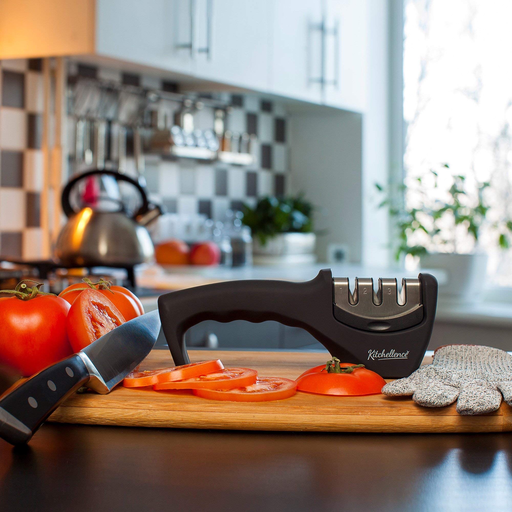 Kitchen Knife Sharpener - 3-Stage Knife Sharpening Tool Helps Repair, Restore and Polish Blades - Cut-Resistant Glove Included