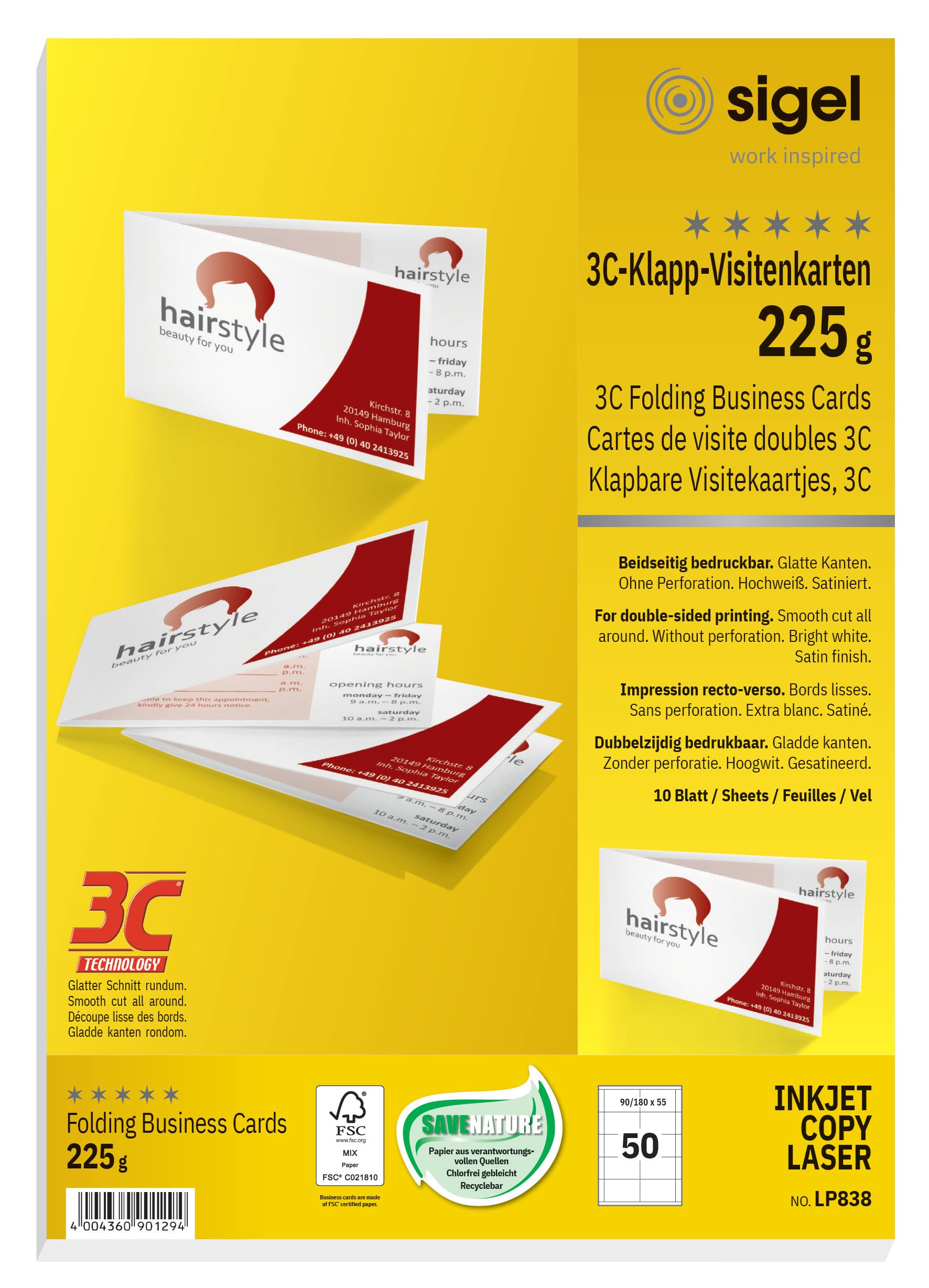 SIGEL LP838, 180x55 mm (A4), Folding Business Cards, 3C, smooth cut all around, 225 gsm, printable, bright White, 50 Piecesequal to10 sheets