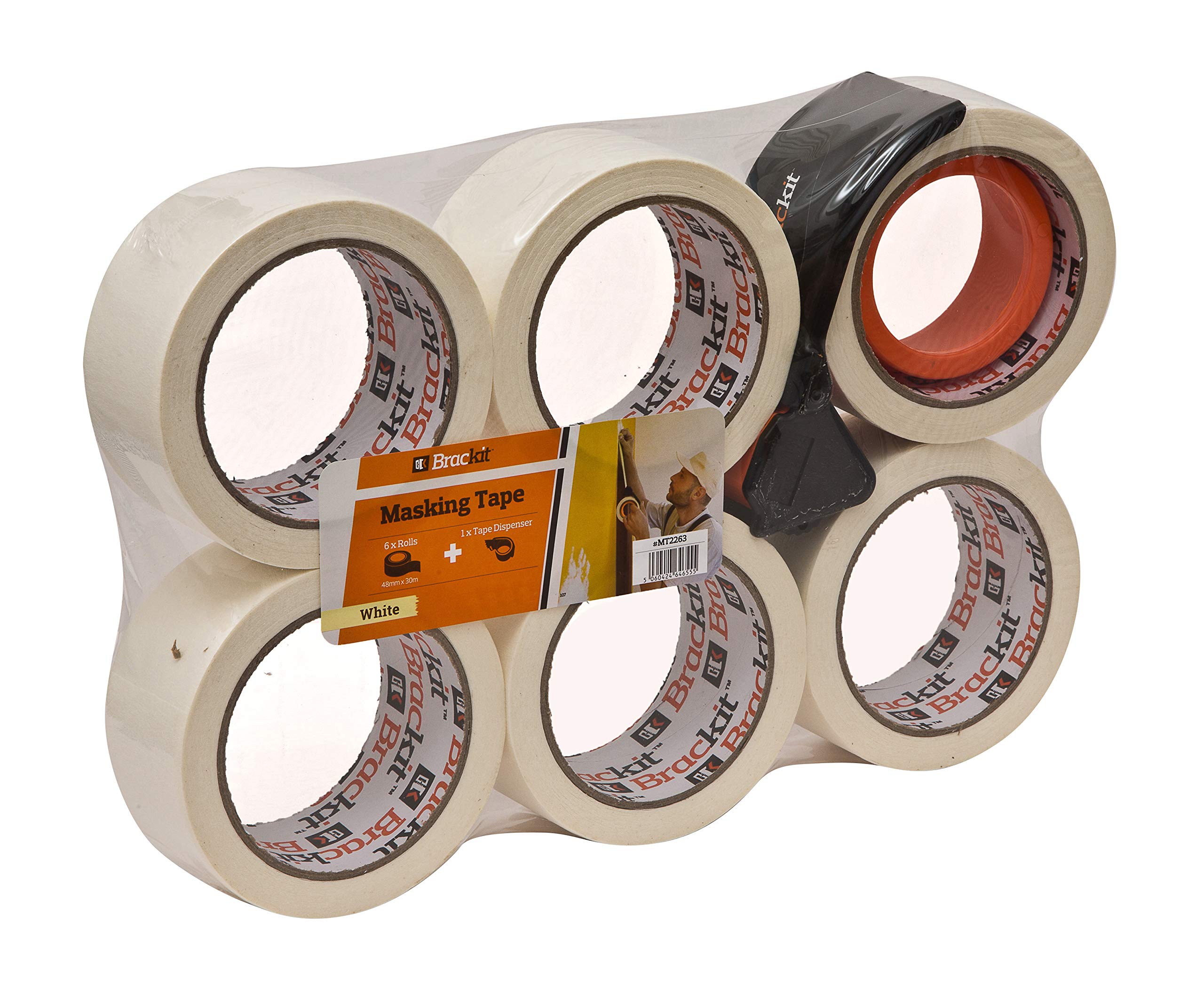 brackit Masking Tape with Dispenser, 48mm x 30M, Pack of 6 Rolls – Compact Dispenser and Cutter Included for Easy and Quick application – Bulk Pack for General Purpose  