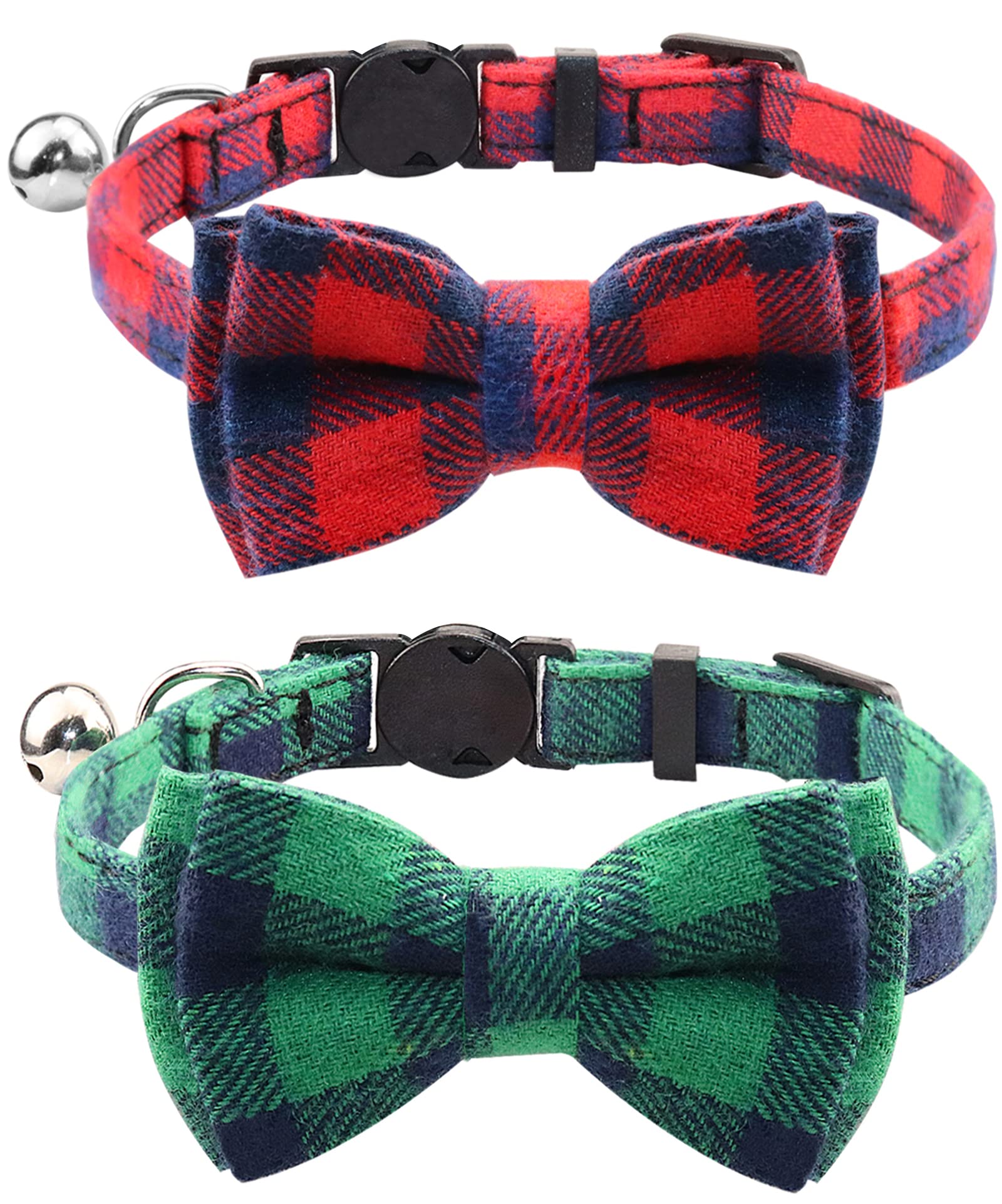 Joytale Cat Collar with Bell and Bow Tie, Soft Tartan, Quick Release Safety Collars for Kitten and Cats, 2 Pack, Green+Red