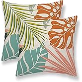 Summer Palm Leaf Pillow Covers 20x20 Set of 2, Coral Tropical Leaf Decorative Outdoor Throw Pillow Covers Green Blue Botanical Farmhouse Cushion Case Linen Square Decor for Couch Sofa