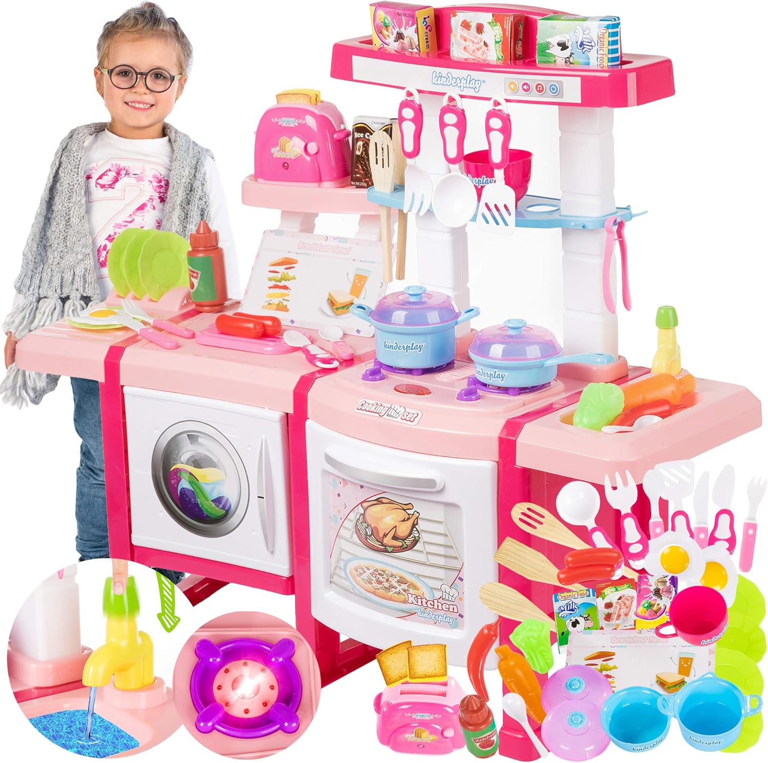 DeAO Kinderküche Mit Wasser & Dampf - Höhenverstellbare Spielküche Mit Licht & Sound Für Kinder Ab 3