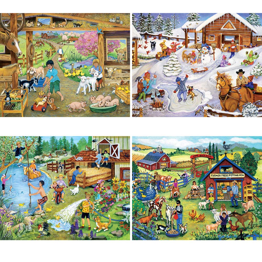 Bits and Pieces - 4-in-1 Multi-Pack Set 300 Piece Jigsaw Puzzles for Adults - Each Puzzle Measures 46cm x 61cm - On The Farm Jigsaws by Artist Sandy Rusinko