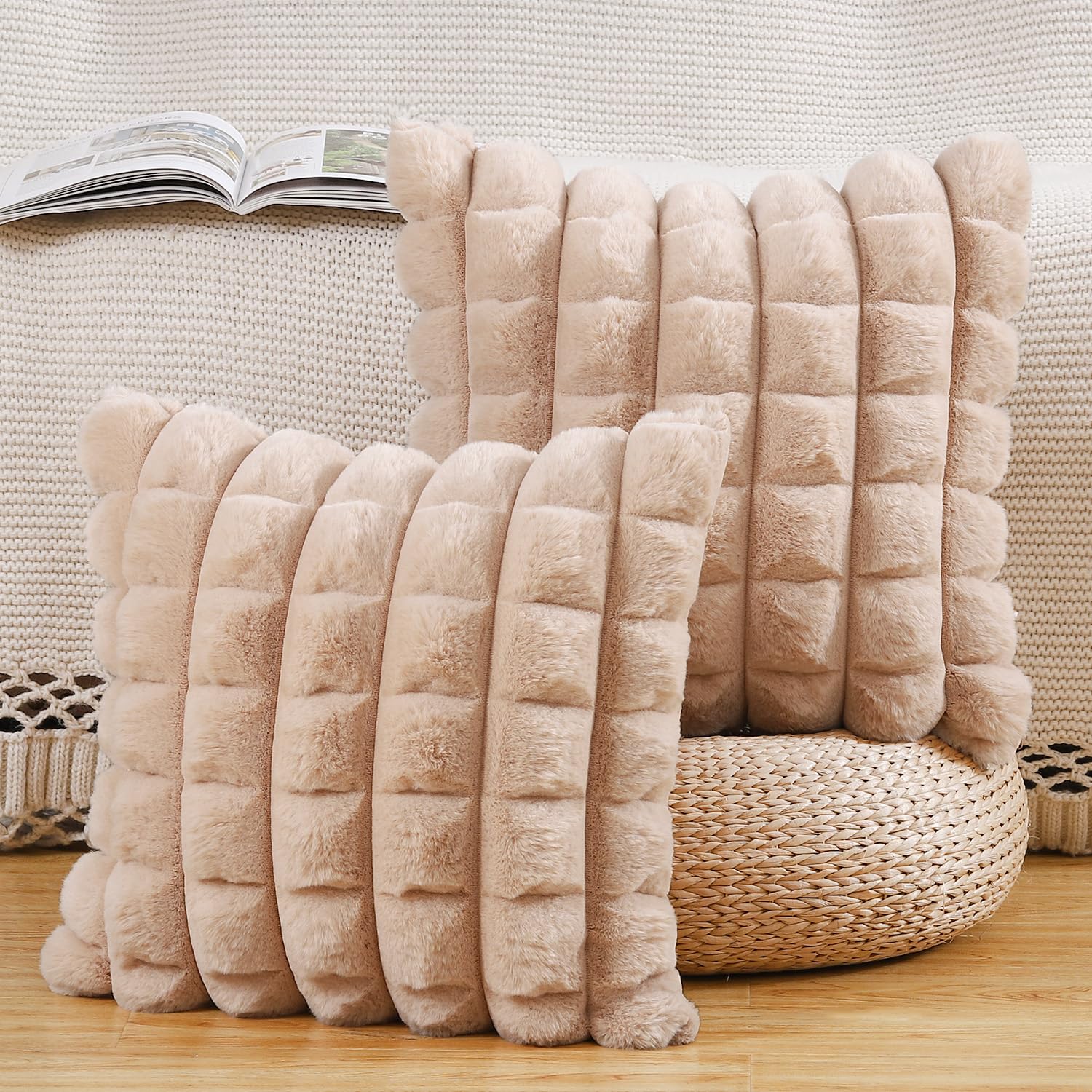 Madizz Faux Wool Camel Cushion Covers 22x22 inch, 55x55 cm, Set of 2 Super Soft Boho Throw Pillow Covers Decorative Textured Throw Pillows for Sofa Bedroom