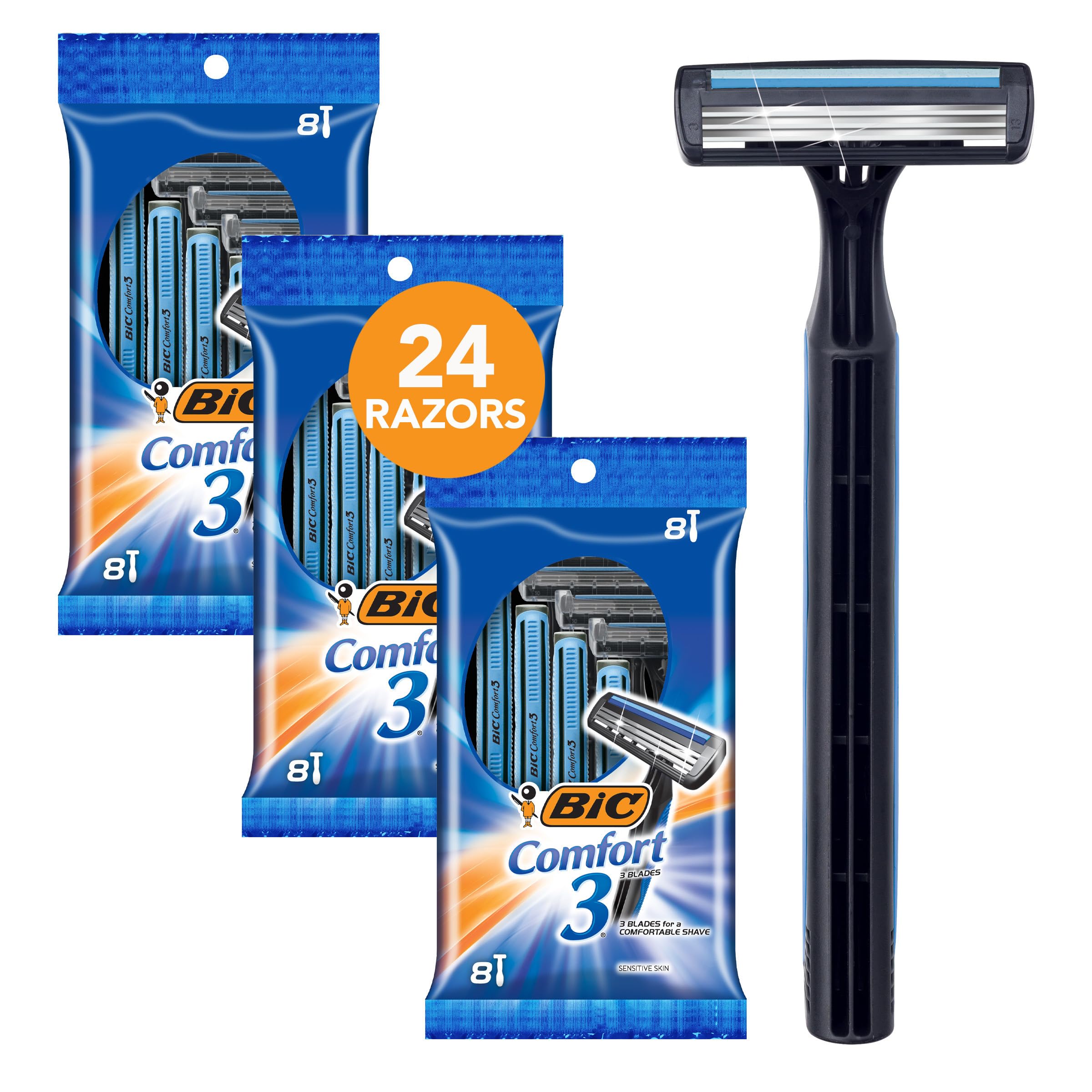 BIC Comfort 3 Razors For Men - 1 Handle & 14 Cartridges With 3 Blades & Aloe Strip