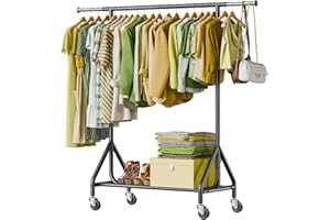 Holiwei Clothes Rack Load 450 LBS, Heavy Duty Garment Rack, Standing Rolling Metal Hanging Clothes with Sturdy Wheels & Shelves, Black