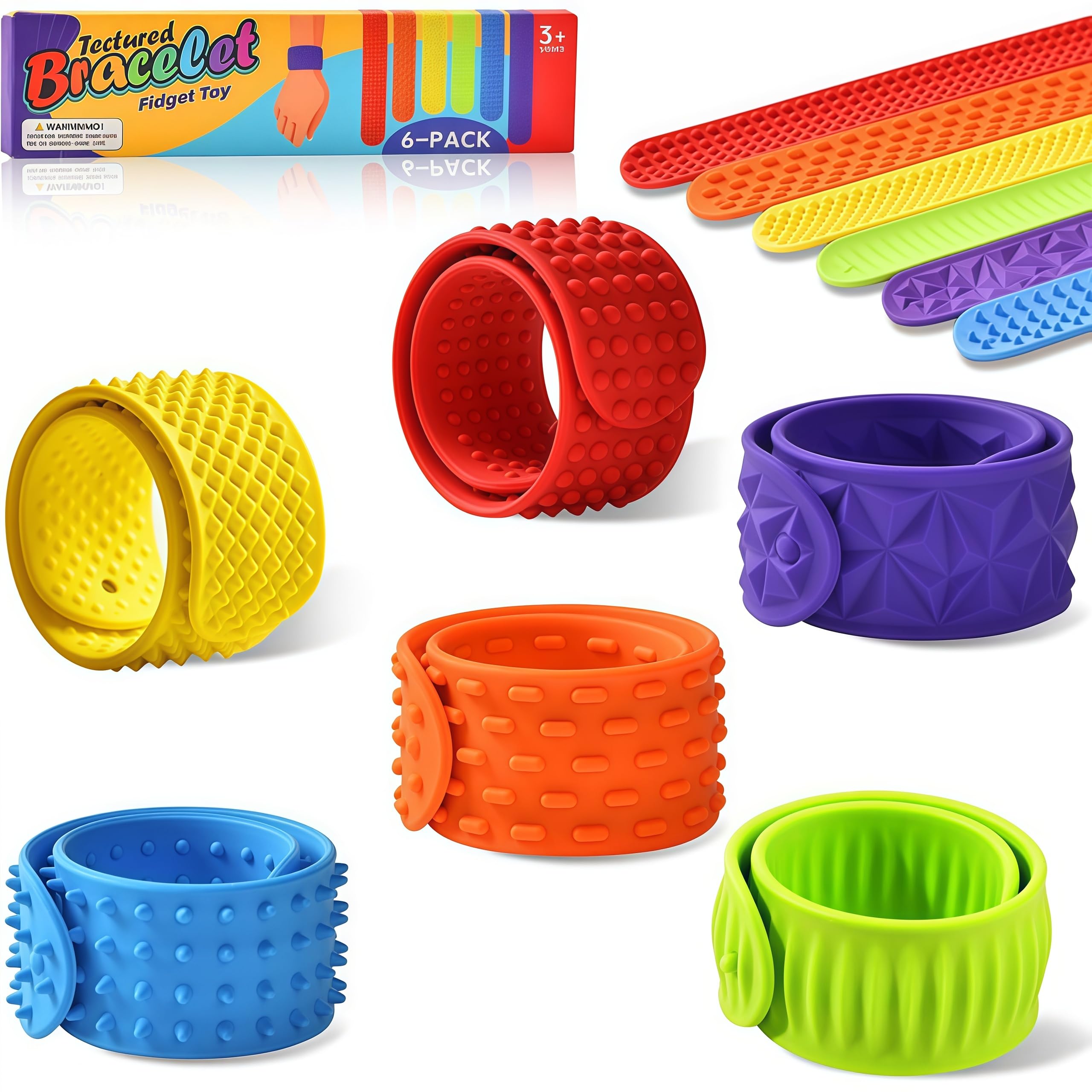6 Pcs Textured Slap Bracelets,Silicone Fidget Bands for Stress Relief, Wearable Fidget Bands for Relaxation and Focus, Stretchy Slap Wristbands for Kids and Adults
