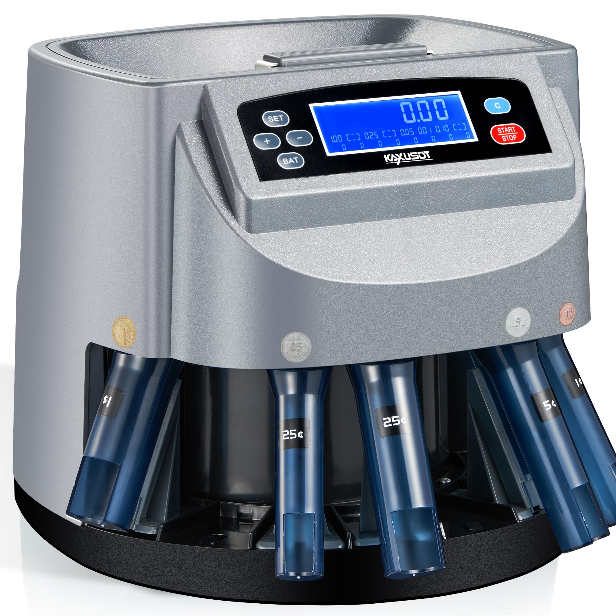 Photo 1 of USD Coin Counter Machine, Professional Coin Sorter and Wrapper Roller Machine, 500 Coins Capacity Automatic Electric Change Counter with LCD Display, Sorts 270 Coins/Min, Included 5 Coin Bins & Rolls