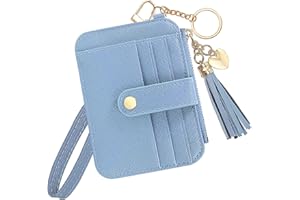 KOTORA Small Card Case Womens Wristlet Keychian Card Holder Cash Coin Purse Girls Cute Tassel Wallet Slim Front Pocket Zip Wallets (Blue)