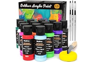 Nicpro 14 Colors Outdoor Acrylic Paint Bulk (4.06 oz,120ml) with Brush and Sponge, Knife, Non-Toxic Exterior Paint for Multi-