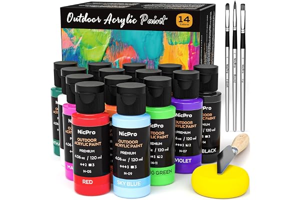 Nicpro 14 Colors Outdoor Acrylic Paint Bulk (4.06 oz,120ml) with Brush and Sponge, Knife, Non-Toxic Exterior Paint for Multi-