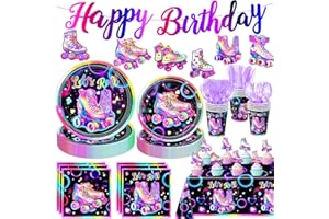 LINHAXM Roller Skating Party Supplies, Roller Skate Party Favors Includes Plates, Napkins, Cups, Cutlery, Cupcake Toppers, Banner, Hanging Swirls, Tablecloth for Roller Skating Party Decorations, Serve 20