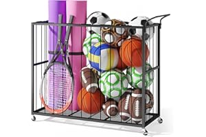Homsorout Ball Storage Bin Rolling Sports Ball Cart, Metal Garage Organizer Sport Rack, Ball Basket Storage, Ball Cage for Garage or Gym, Indoor & Outdoor Sports Equipment Organizer