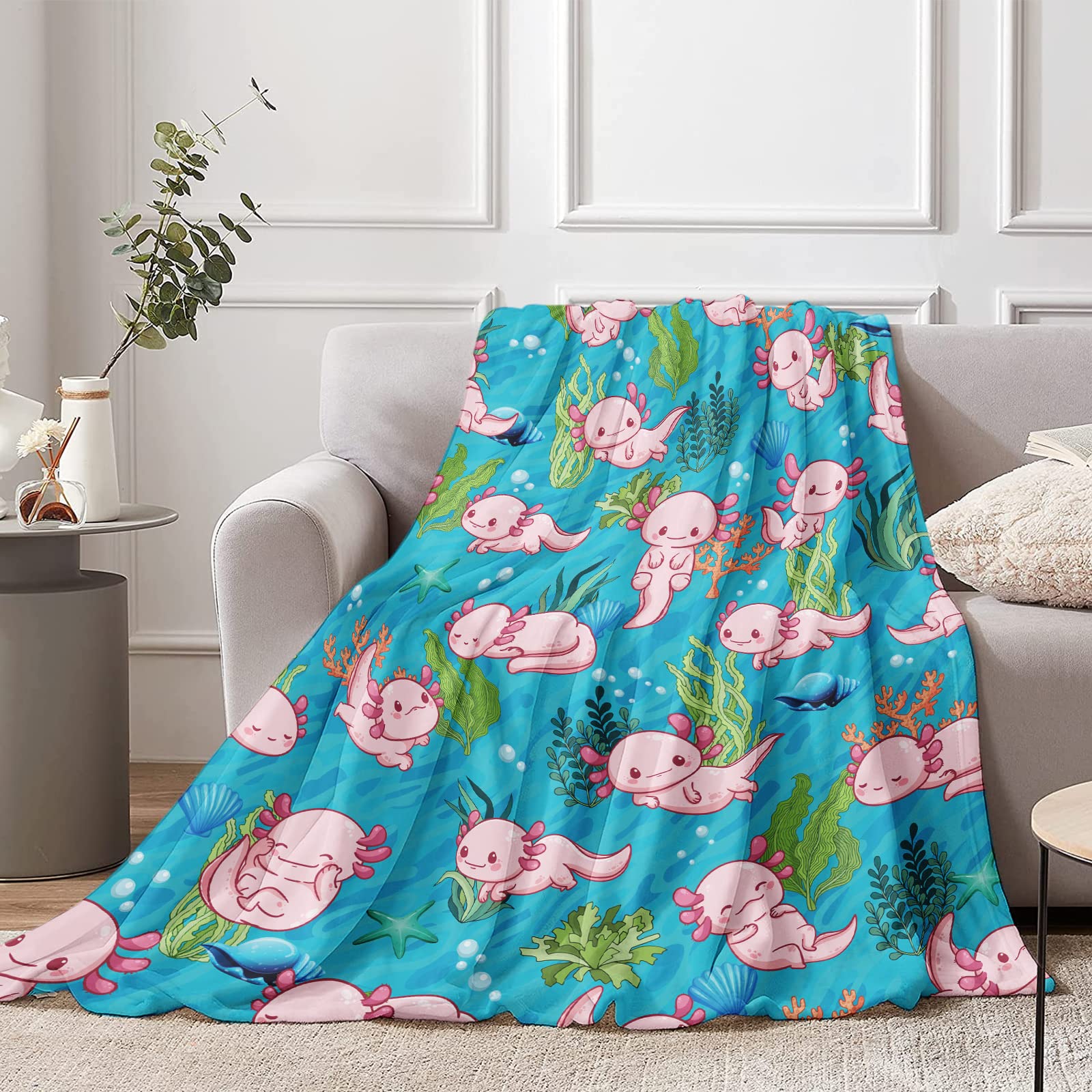 Axolotl Throw Blanket for Kids, 130 x 150 cm Cozy Cartoon Axolotls Fluffy Plush Blanket for Boys Girls Children Gift, Soft Pink Axolotls Ocean Theme Flannel Throw Blanket for Teen Bed Couch Sofa