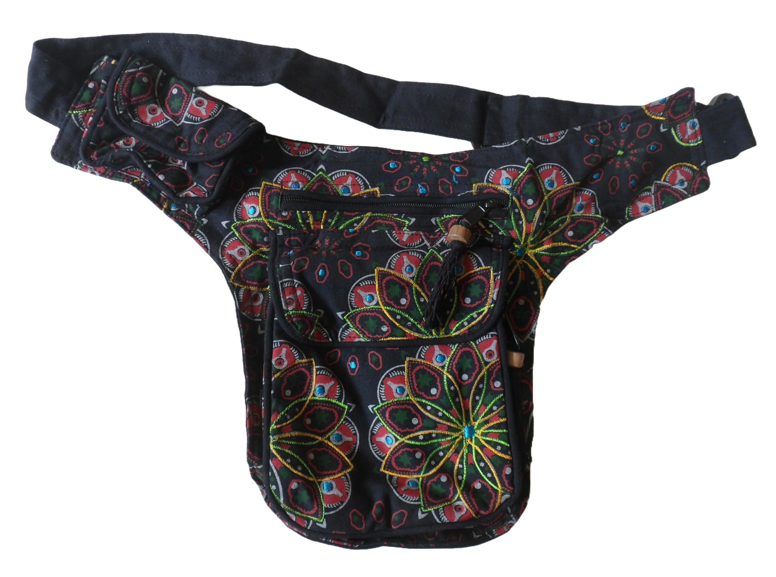 FAIR Trade Festival Boho Embroidered Cotton Travel Passport Bag Utility Hip Belt (Black)