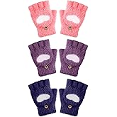 Geyoga 3 Pair Kids Fingerless Gloves for Girls Winter Warm Convertible Flip Top Gloves Heart Half Finger Mitten for Toddler