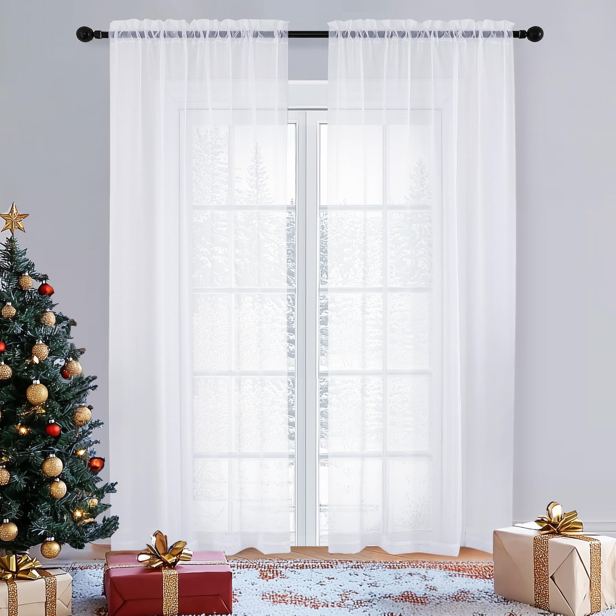 Photo 1 of OVZME White Sheer Curtains 84 inches Long 2 Panels Set, Sheer White Curtains for Living Room/Bedroom, Rod Pocket Light Filtering Sheer Drapes, Airy Lightweight Window Treatments, Each 42W x 84L