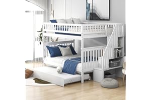 BIADNBZ Full Over Full Bunk Bed with Trundle and Storage Staircase, Solid Wood Bunkbeds can be Divided into 2 Platform Bedframes, for Kids Teens Adults Bedroom, White