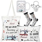 Abbylike 5 Pcs Sewing Gifts for Seamstress Women Gifts Canvas Bag Cosmetic Bag Quilting Coffee Mug Socks 11 oz Cup Quilter Keychain Funny Presents for Mom Quilters Sewing Lovers(White,Classic)