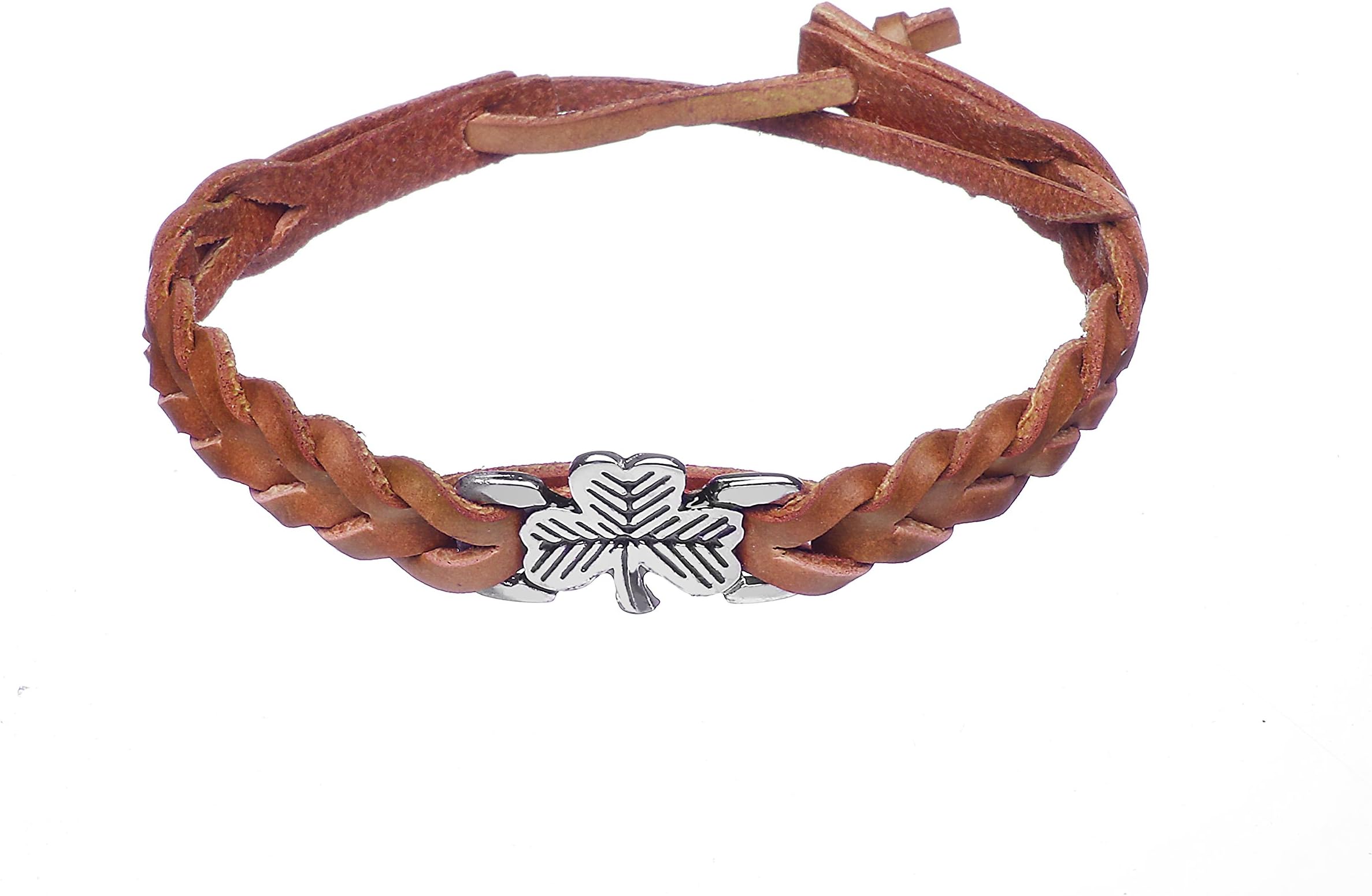 Amethyst Brown Leather Plaited Wristband with a Circular Black and Silver Shamrock Charm