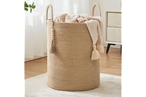 FIONA'S MAGIC Jute Woven Rope Laundry Hamper, Tall Laundry Basket for Blanket Storage, Large Dirty Clothes Hamper for Toys, Decorative Baby Nursery Hamper for Bedroom, Living Room - Jute Brown, 58L
