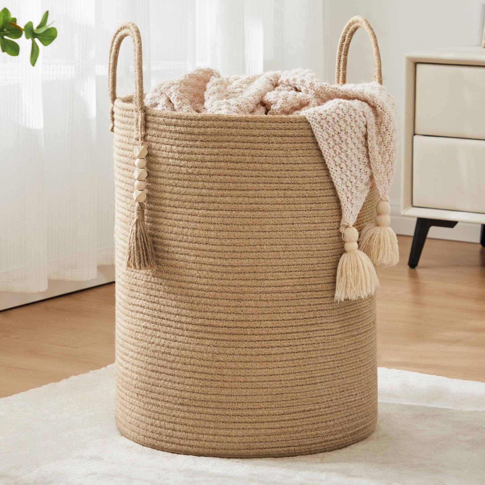 Photo 1 of Jute Woven Rope Laundry Hamper, Tall Laundry Basket for Blanket Storage, Large Dirty Clothes Hamper for Toys, Decorative Baby Nursery Hamper for Bedroom, Living Room - Jute Brown, 58L