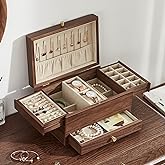 Homruilink Wooden Jewelry Box for Women, 3 Level Multi-functional Drawers Black Walnut Jewelry Organizer Box, Watch, Necklace, Ring, Earring Storage - Valentine's Day Gifts (No Mirror)