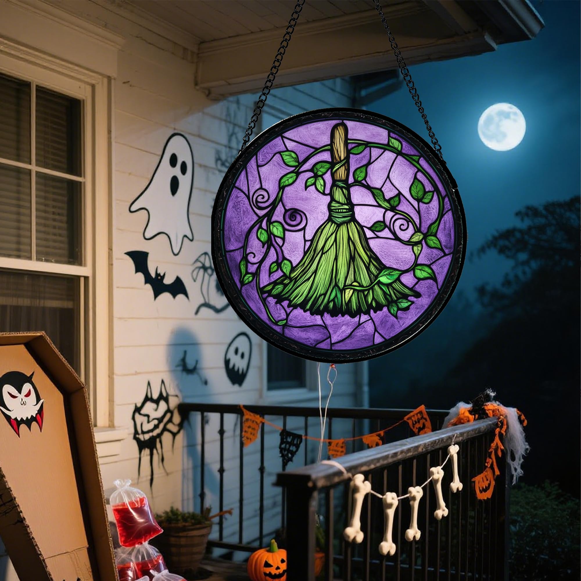 Condition photo showing New/Like New for amderven stained glass window hanging - halloween decorations witch magic broom suncatcher for doors