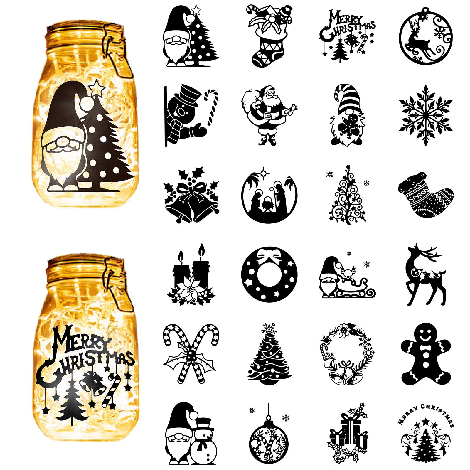 CREATCABIN 24Pcs Christmas Silhouettes Mason Jar Decor Lantern Laser Cutouts Decorations Plastic Scrapbook Embellishment for Jars Wall Windows Glass Car Decor DIY Crafts Gifts Black 3.9x3.5Inch