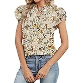 LOMON Floral Summer Tops 2026 Trendy V Neck Ruffle Cap Short Sleeve Drawstring Work Shirts Cute Flowy Boho Chiffon Blouses
