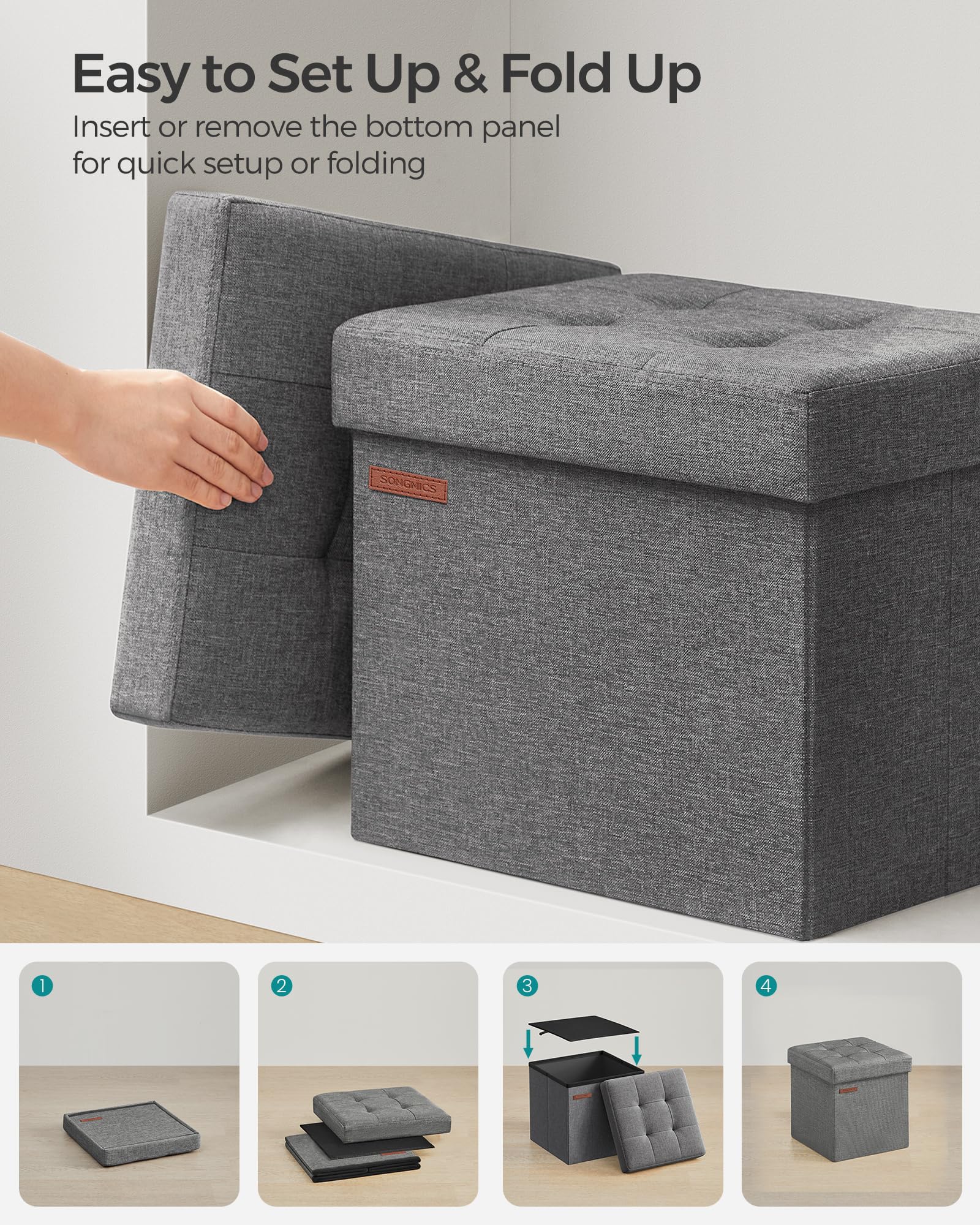 SONGMICS 11.8 Inches Small Folding Storage Ottoman Cube, Storage Footrest, Foot Rest Stool, for Living Room, Bedroom, Dorm, Dark Gray ULSF028G01 - Image 7