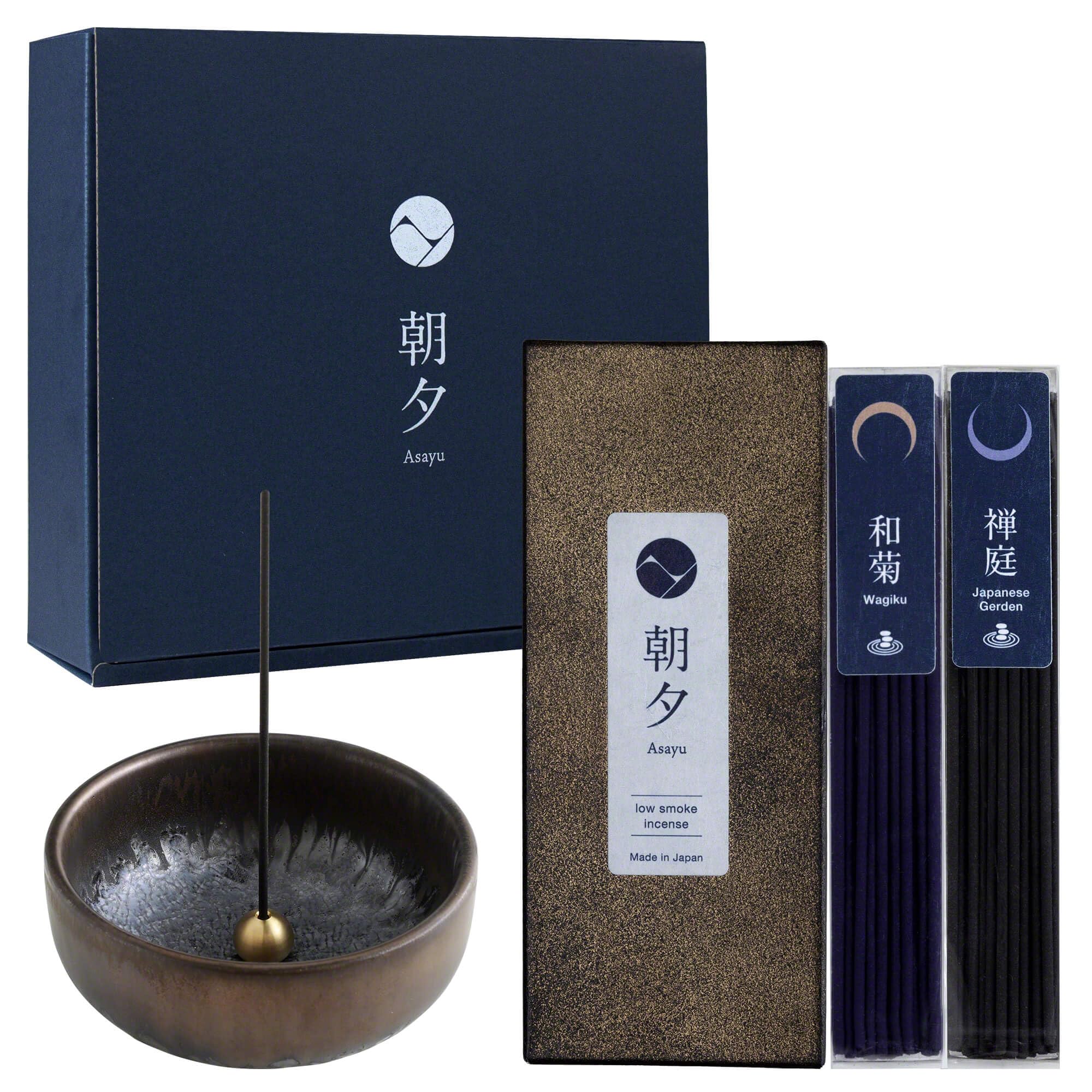 Asayu Japan Low Smoke Incense Gift Set with Incense Holder and Brass Stand, Agarwood Incense Sticks with Zen Ceramic Incense Holder, Made in Japan (Japanese Zen Garden + Zen Ceramic Holder)