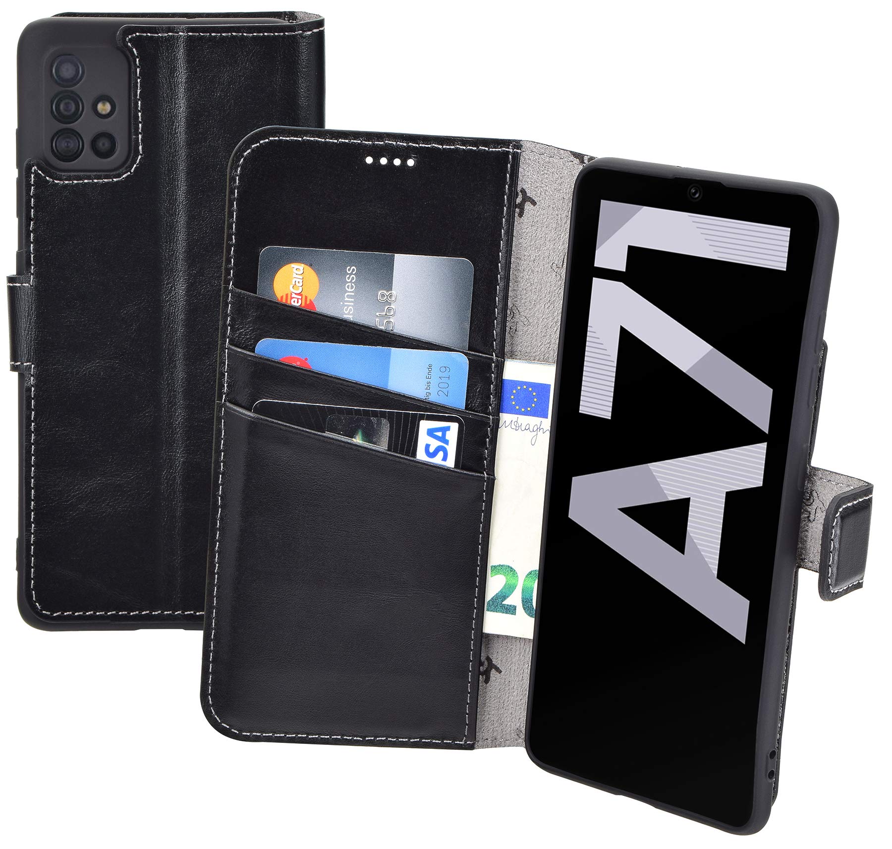 Suncase Book-Style Case Compatible with Samsung Galaxy A71 Leather Case (Slim Fit) Leather Mobile Phone Case Protective Case with 3 Card Slots in Black