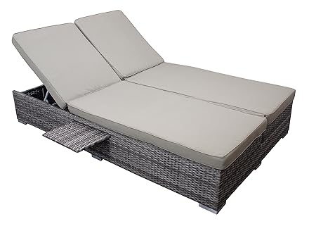 Doppel Funktionsliege/Gartensofa CALERO, Aluminiumgestell + Polyrattangeflecht grau Bicolor, Polster grau