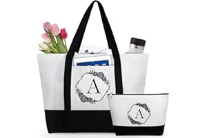 AUNOOL Tote Bag for Women - Birthday Gifts for Mom Teacher Appreciation Gifts, Personalized Beach Bags and Makeup Bag, Wedding Gift Bag, Coworkers Christmas Gifts for Girlfriend Sister Wife Letter A