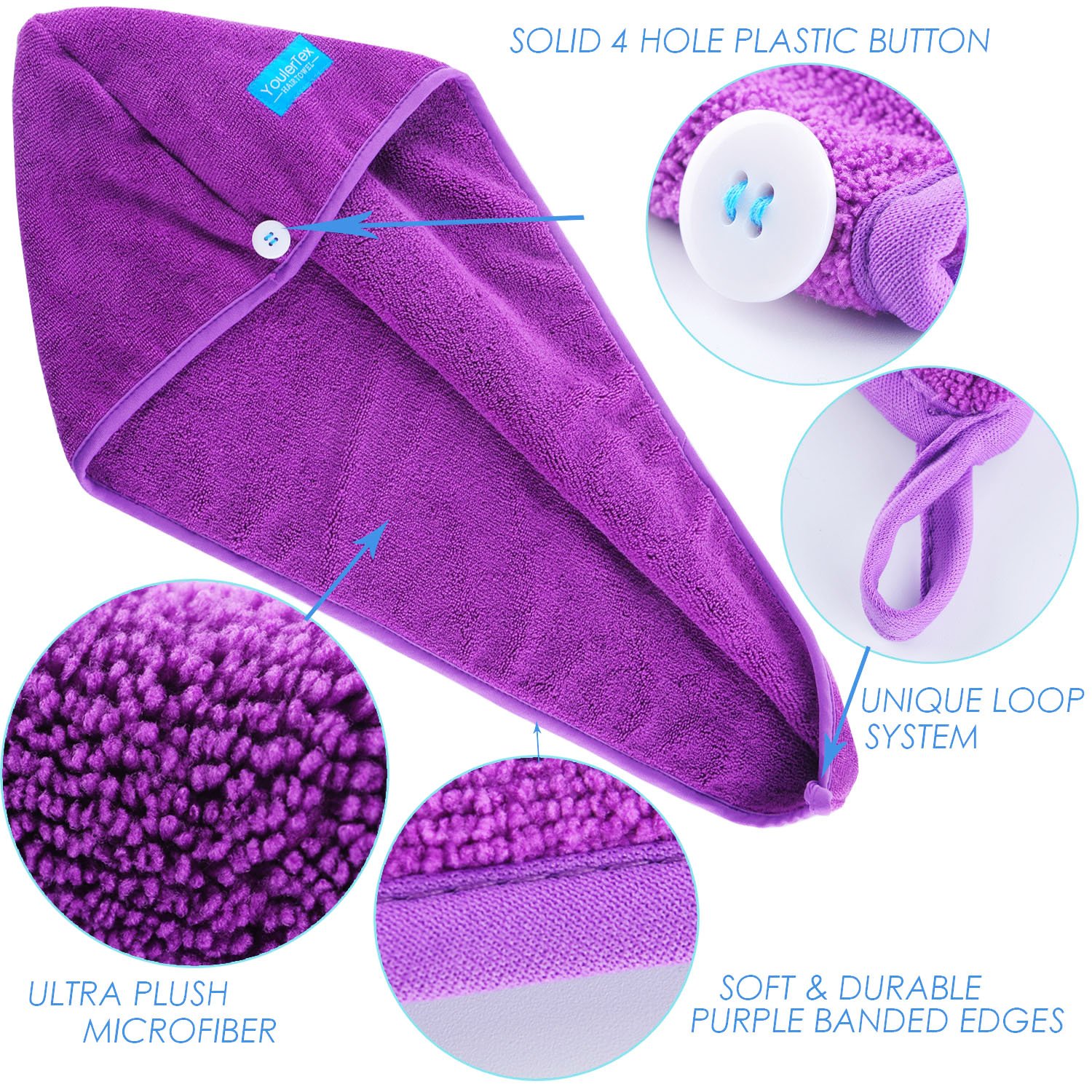 YoulerTex Microfiber Hair Towel Wrap for Women, 2 Pack 10 inch X 26 inch, Super Absorbent Quick Dry Hair Turban for Drying Curly, Long, Thick Hair(Purple+Gray) … : Beauty