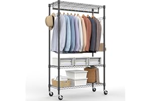 M MZG Heavy Duty Rolling Garment Rack 3 Tiers Adjustable Wire Shelving Clothes Rack with Rods and Side Hooks,Storage Closet Clothing Rack with Wheels Black 15.7" D x 29.5" W x 74.5" H