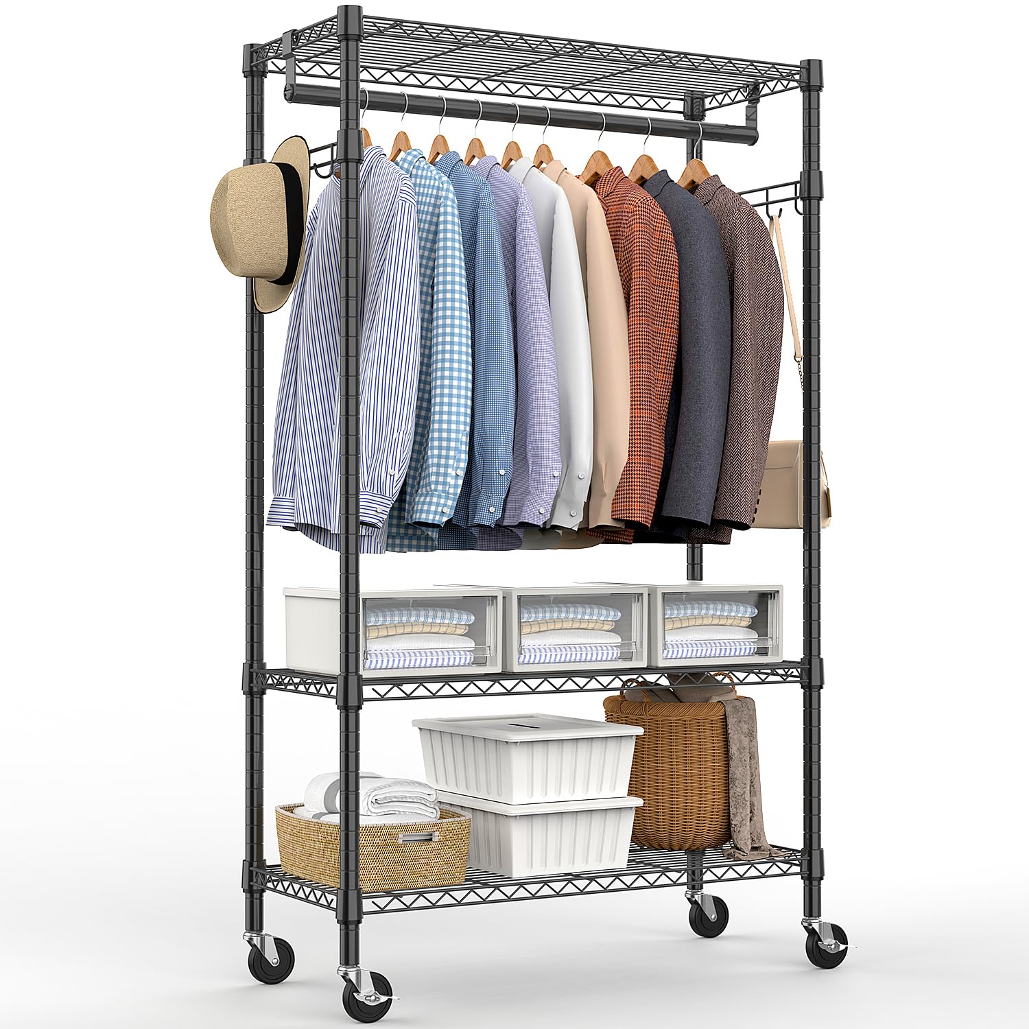 M MZG Heavy Duty Rolling Garment Rack 3 Tiers Adjustable Wire Shelving Clothes Rack with Rods and Side Hooks,Storage Closet Clothing Rack with Wheels Black 15.7" D x 29.5" W x 74.5" H Image