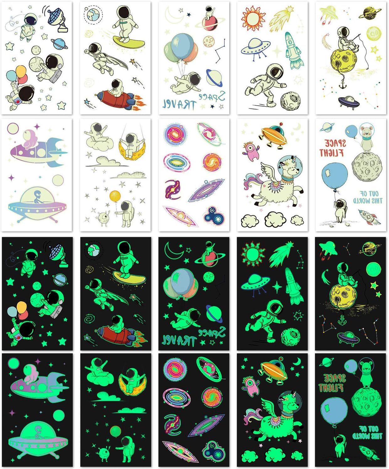 PHOGARY Space Tattoos Stickers for Kids (Glow in the Dark), 20 Sheets Children Fake Tattoos - Image 4