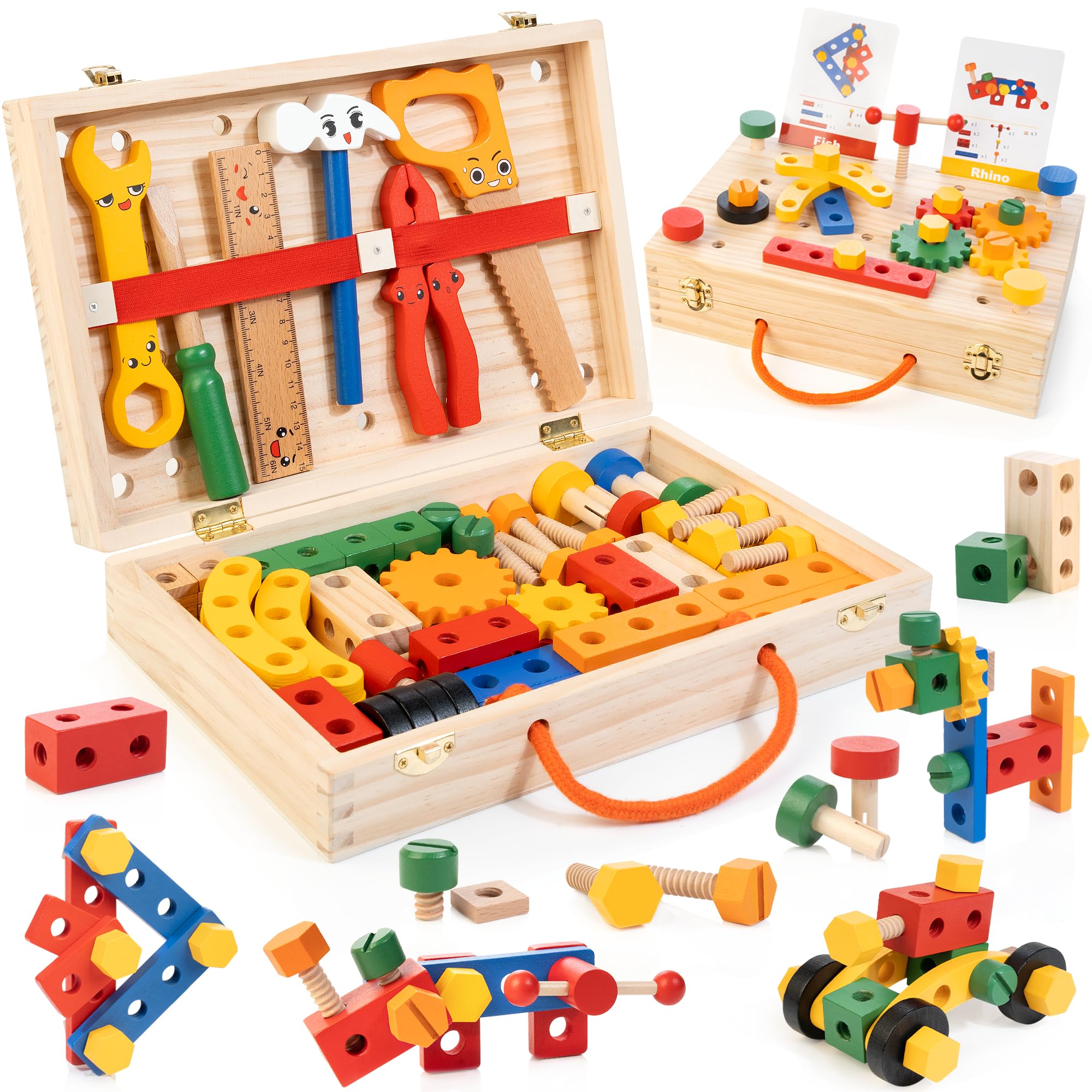 Photo 1 of WOOOMAM Kids Tool Set, 90 PCS Wooden Toddler Tool Set with Box and Flash Cards, Tool Kit for Kids Age 3-5 Years, Toddler Boy Toys, FSC Certified Material
