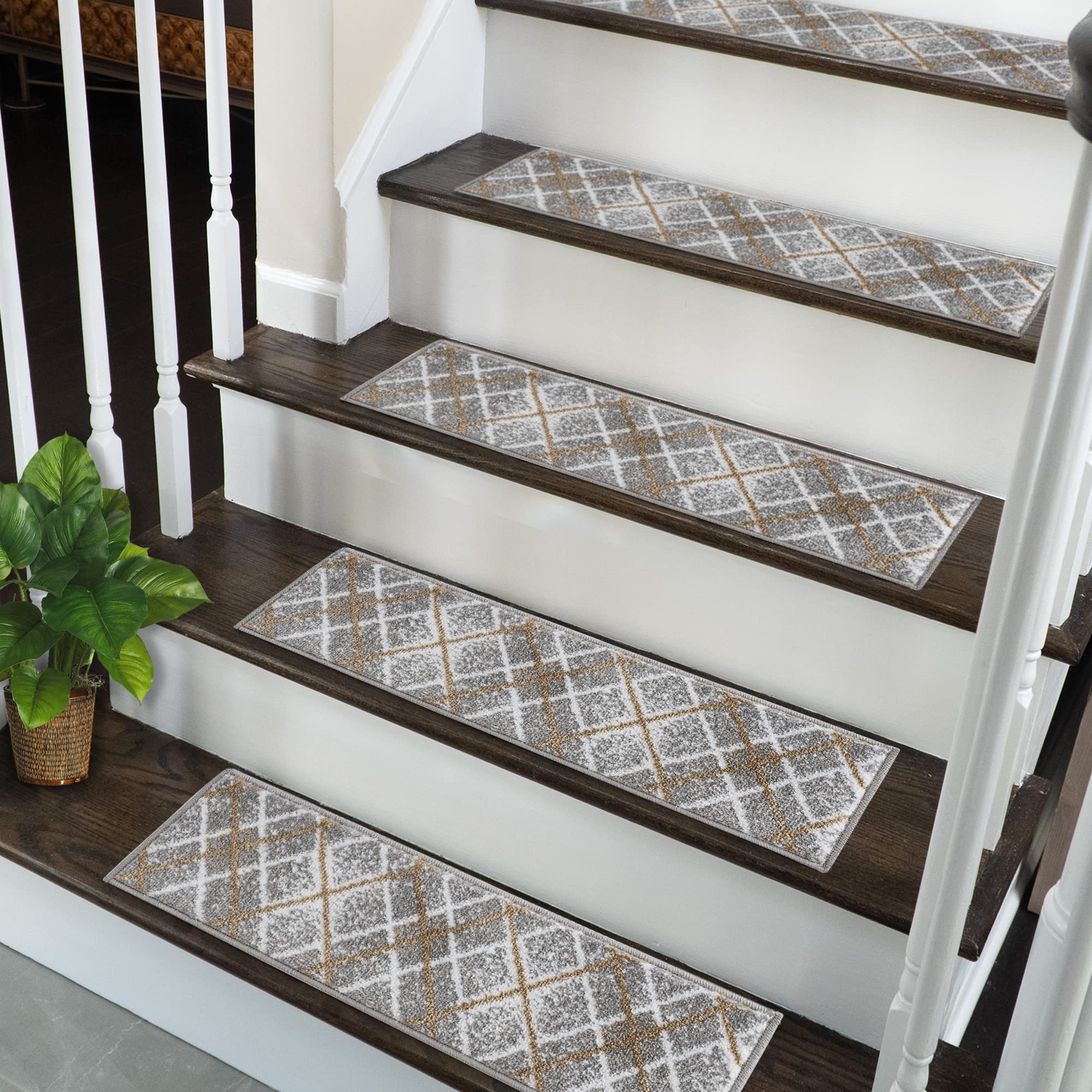 Stair Treads Modern Collection Contemporary, Cozy, Vibrant and Soft Stair Treads | Gray & White, 9" x 28" | Pack of 13 [100% Polypropylene] | Tape Included