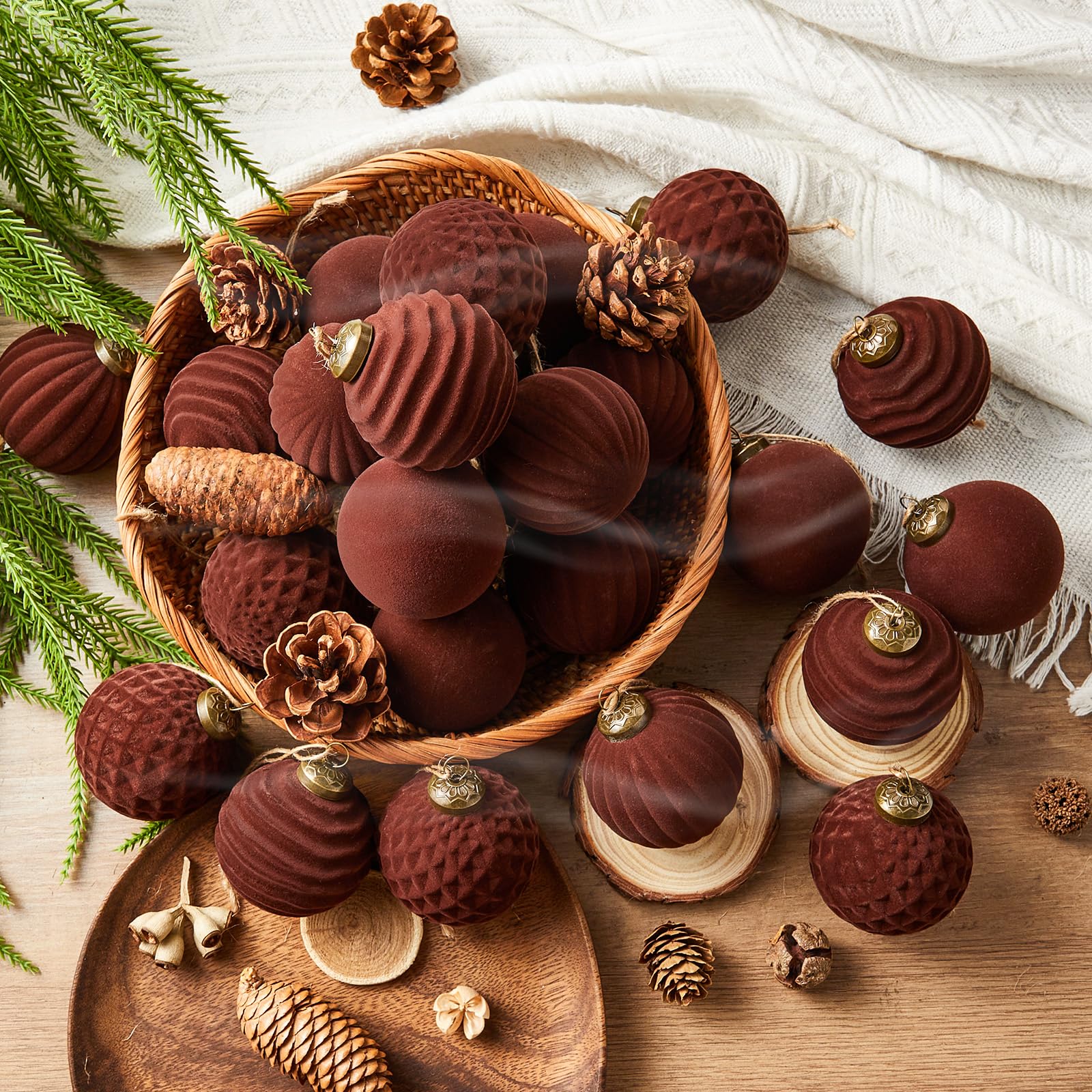 Photo 1 of 24 Pcs Light Scented Velvet Christmas Balls Bulk Winter Fir Scent Flocked Christmas Tree Ball Ornaments Hanging Baubles for Xmas Holiday Home Gift Yard Decor (Dark Brown 2.36 Inch)