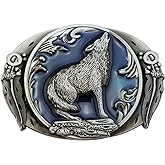 LAXPICOL Fashion Vintage Retro Wolf Belt Buckle For Men Western Cowboy Blue Enamel Grey Tone