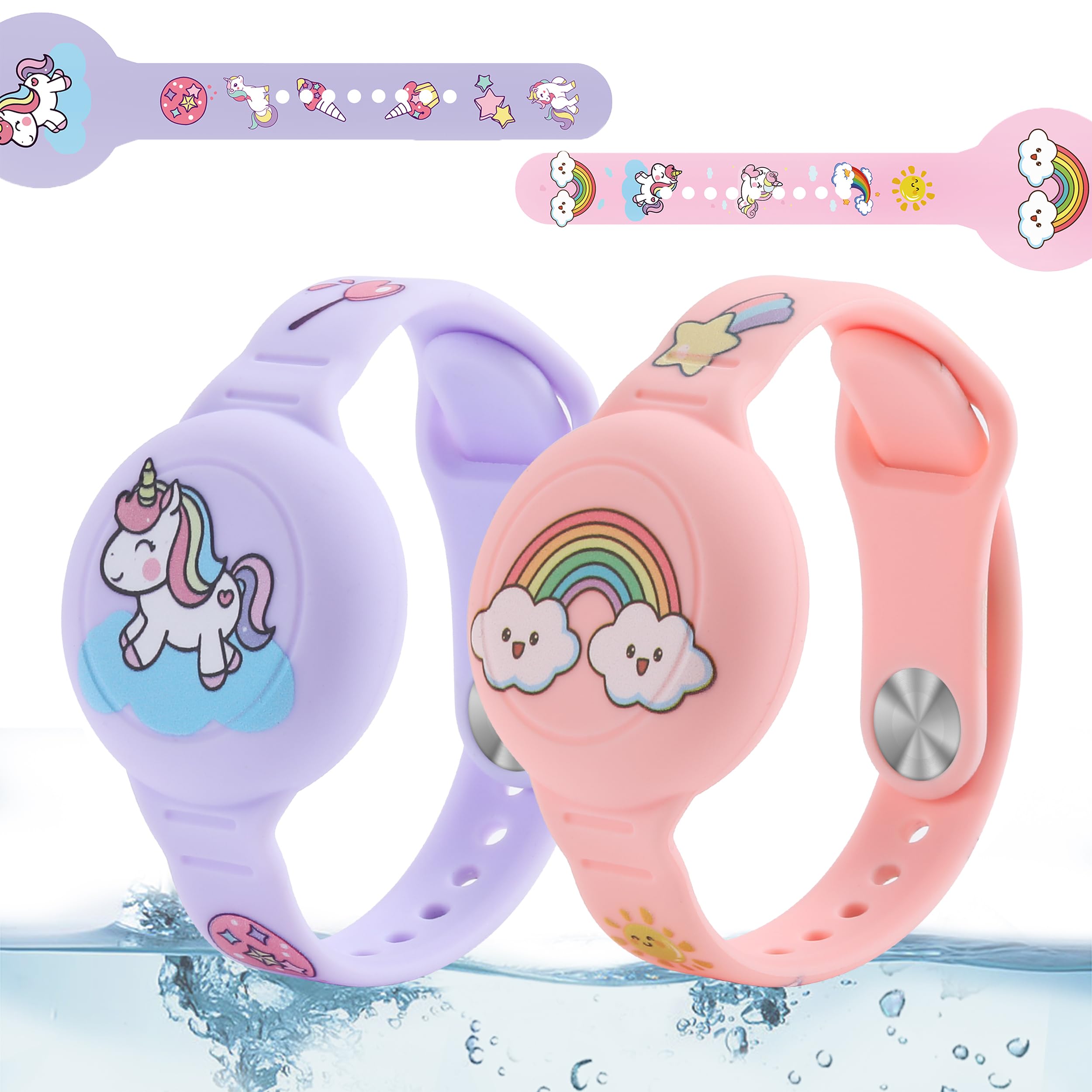 Photo 1 of R-fun Waterproof Air Tag Bracelets [2 Pack] Compatible with Apple Air Tag Finders with Cartoon Pattern,Anti Lost GPS Item Finders Case Cover,Pink Rainbow/Purple Unicorn