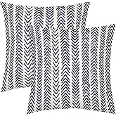 Indigo Blue Herringbone Pillow Covers 18x18 Inch Set of 2 Navy White Boho Bohemian Ethnic Geometric Throw Pillows Modern Cotton Linen Cream Cushion Case Farmhouse Home Decor For Sofa Couch Outdoor