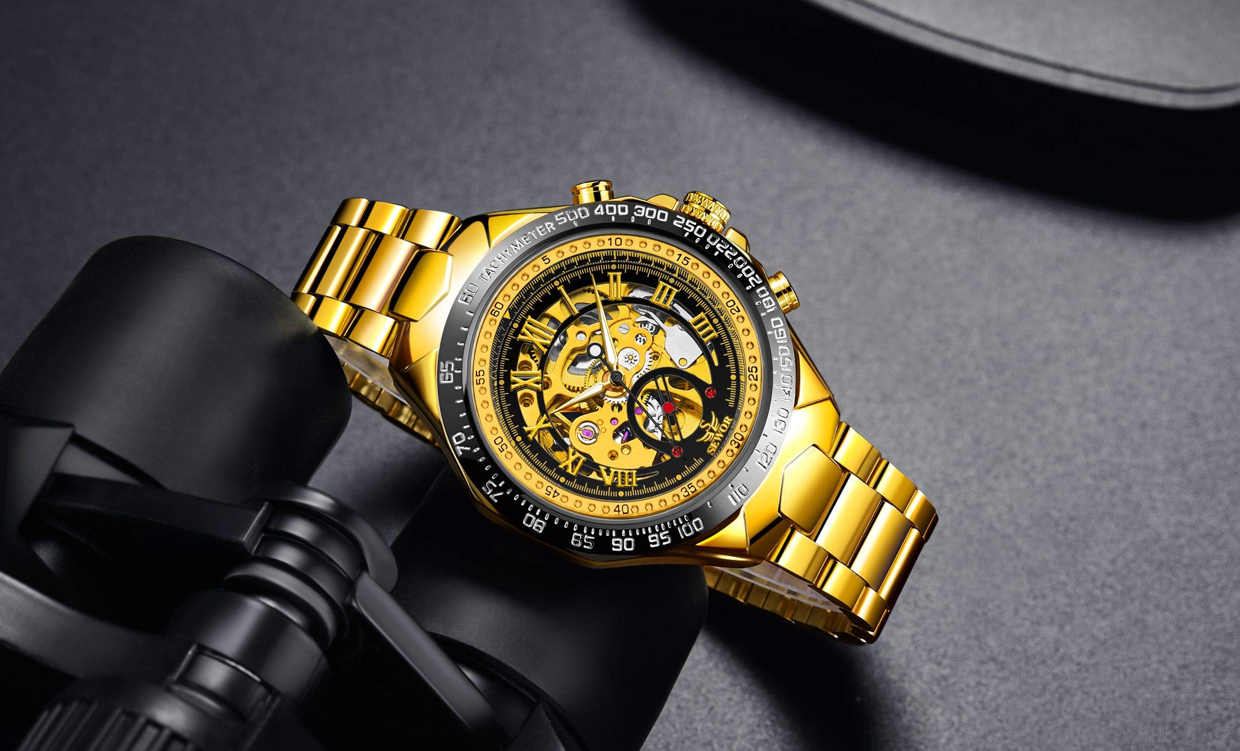 SEWOR Fashion Delicate Hollow Carving Mechanical Automatic Wrist Watch (Gold-Black)