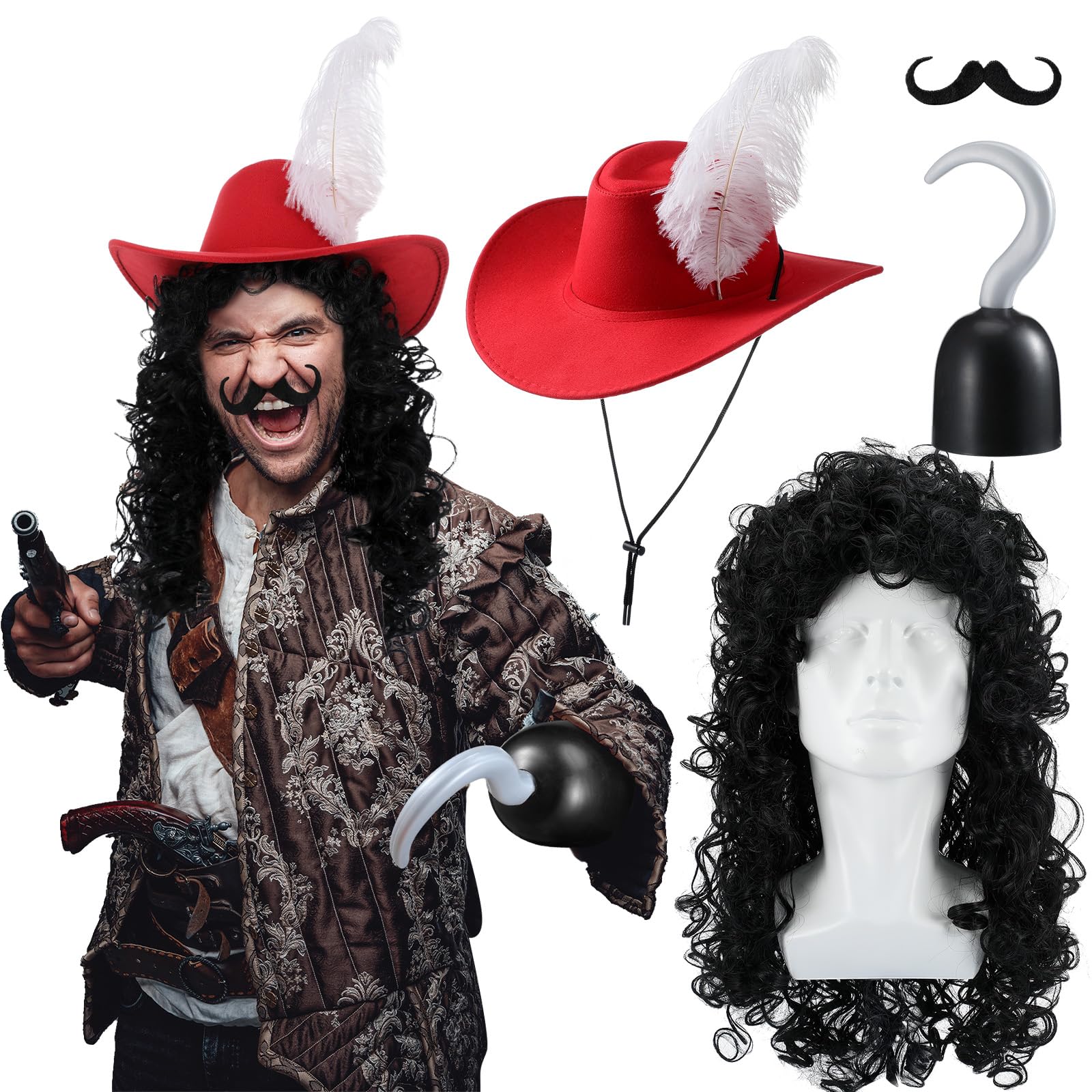 Photo 1 of Croloose 4 Pcs Halloween Pirate Captain Costume Accessories Including Hook Wig Mustache Feather Hat Halloween Themed Party Cosplay for Adult Men and Women Birthday Party Drama Performance