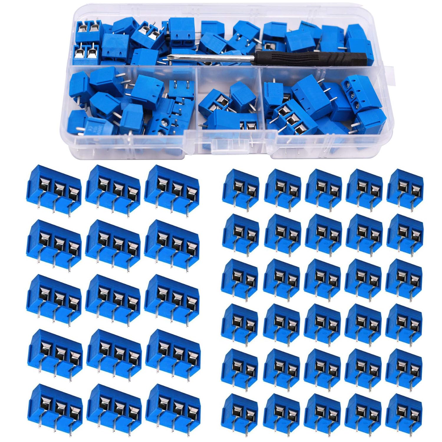 RUNCCI-YUN 80pcs 300v 15A 5mm Pitch 2 Pin/3 Pin PCB Mount Screw Terminal Block Blue (65pcs 2 Pin, 15pcs 3 Pin)