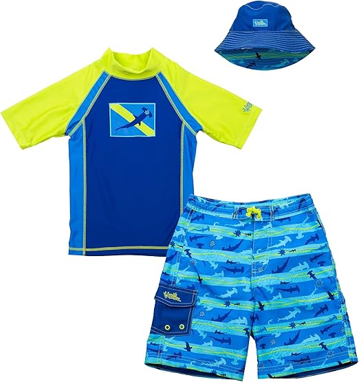UV SKINZ Boys' 3Piece Swim Set, 7, Blue Hammerhead Clothing